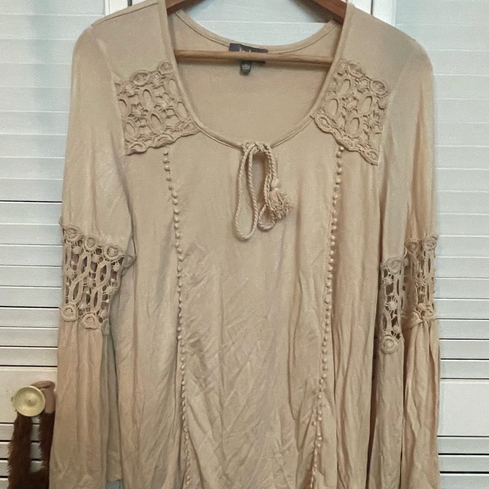 Tan lace crochet bell sleeve tunic size L
